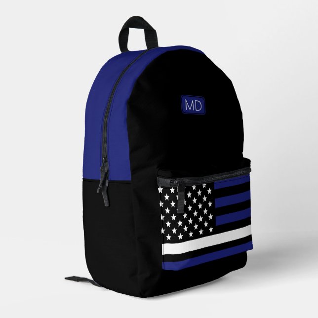Moderne Mit Monogramm EMT EMS dünne, weiße Linie Bedruckter Rucksack (Rückseitige Ecke links)