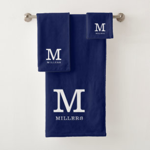 Moderne Mit Monogramm Familienname Navy Blue und W Badhandtuch Set