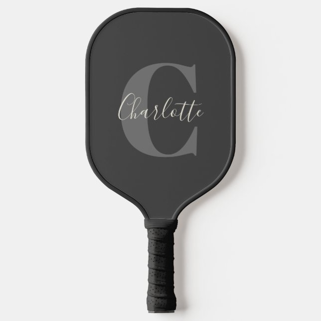 Moderne Mit Monogramm Kalligrafie Schwarz Grau Pickleball Schläger (Vorderseite)