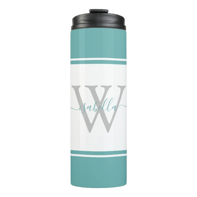 Moderne Mit Monogramm Schrift Aquamarin Thermosbecher (Vorderseite)