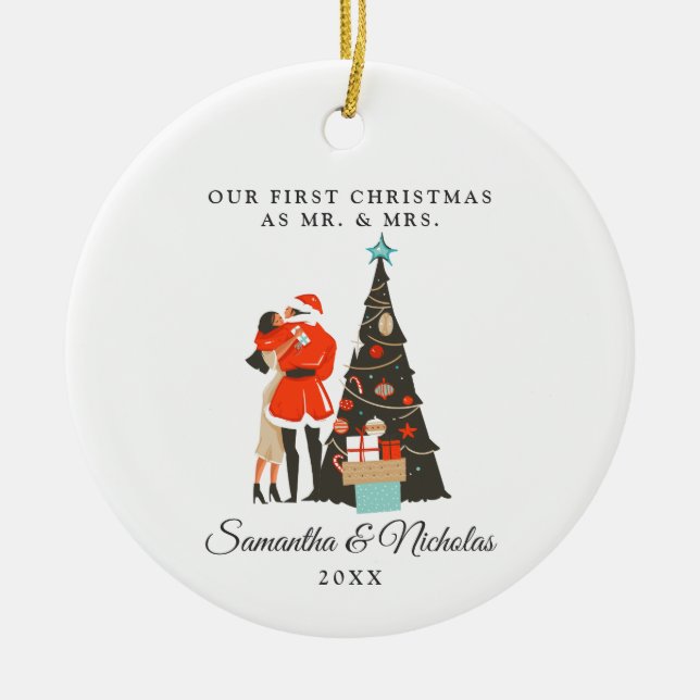 Moderne Mitte des Jahrhunderts | Erste Weihnachten Keramik Ornament (Vorne)