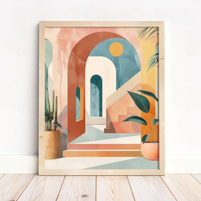 Moderne Mittelmeer-Boho-Bogen-Wandkunst Poster (Modern Mediterranean Boho Arch Wall Art Print in a neutral wooden frame on the floor)