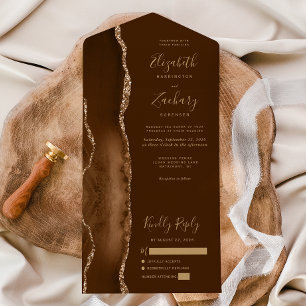 Moderne Mocha-Braun-Gold-Achat-Hochzeit All In One Einladung
