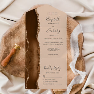 Moderne Mocha-Braun-Gold-Achat-Tan-Hochzeit All In One Einladung