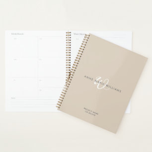 Moderne Mocha-Braun-Weiß-Schrift-Monogramm Planer