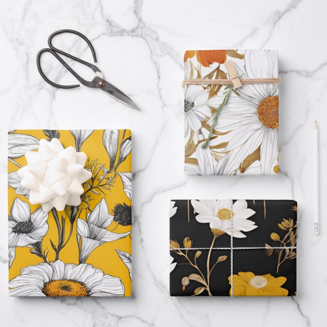 Moderne Mod Boho Daisy Wildblume Floral Geschenkpapier Set (Vorderseite)