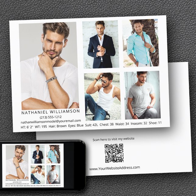 Moderne Modell Actor 5 Fotos QR Code Back Comp Car Einladung (Customize to change background color, text size, style or to add more photos to back of card.)