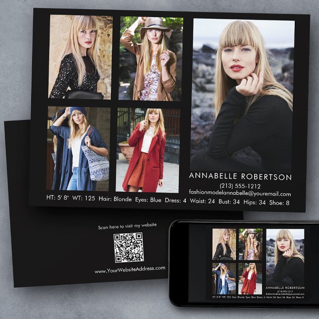 Moderne Modell-Schauspieler QR-Code Zurück 5 Foto  Einladung (Customize to change background color, text size, style or to add more photos to back of card.)