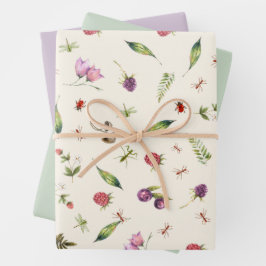 Moderne moderne Lilac Woodland Wildblumen Insekten Geschenkpapier Set