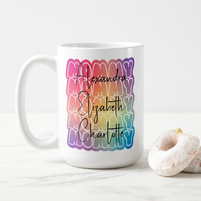 Moderne Mommy Muster farbenfrohe Mama Kindernamen Kaffeetasse (Mit Donut)