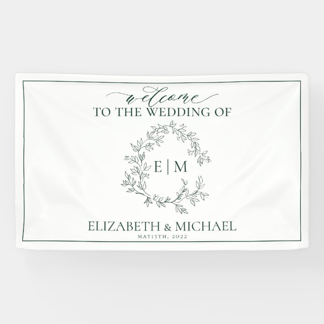 Moderne Mongram-Hochzeit des Smaragdgrünen Wappen Banner (Horizontal)