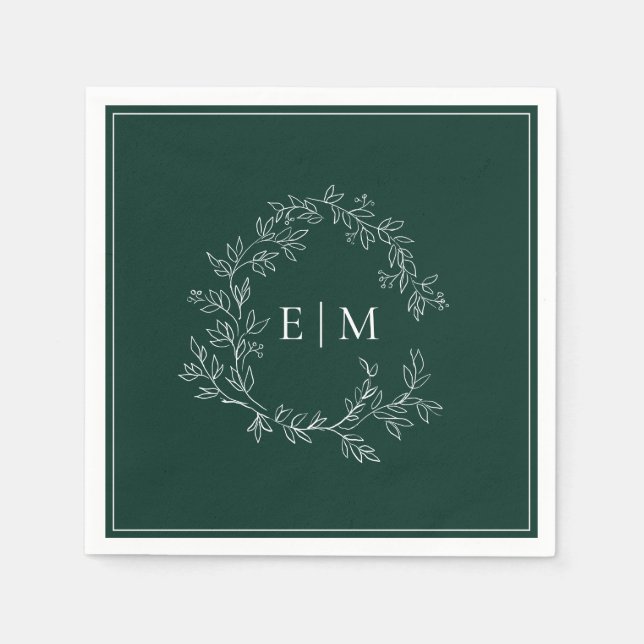 Moderne Mongram-Hochzeit des Smaragdgrünen Wappen Serviette (Vorderseite)