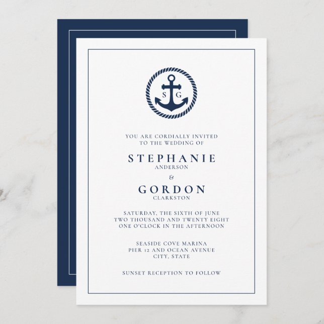 Moderne Mongram Nautical Wedding Einladung (Vorne/Hinten)