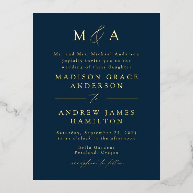 Moderne Mongram Navy und Gold Wedding Folie Einladungspostkarte (Vorderseite)