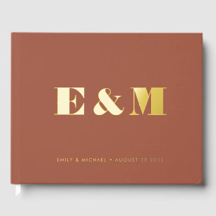 Moderne Mongram Terracotta Gold Foil Wedding Gästebuch
