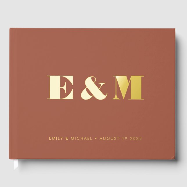 Moderne Mongram Terracotta Gold Foil Wedding Gästebuch (Vorderseite)
