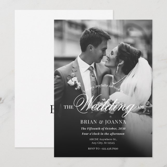 Moderne, monochrome Hochzeit des Fotos Einladung (Vorne/Hinten)