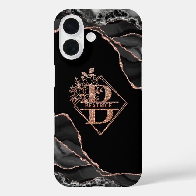 Moderne Monogram B Black Agate Marmor Rose Gold iPhone 16 Hülle (Rückseite)