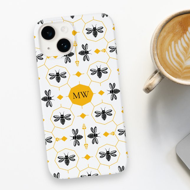 Moderne Monogram Bee Muster Gelbe Honeycomb Chic Case-Mate iPhone 14 Hülle (Modern Monogram Bee Pattern Yellow Honeycomb Chic Case-Mate iPhone Case)