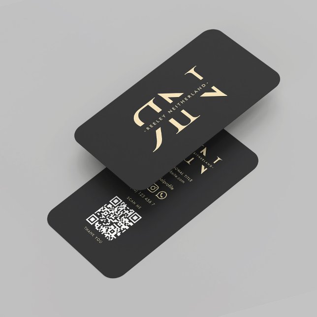 Moderne Monogram Berufliche Initials Black Gold Visitenkarte (Modern Monogram Elegant Professional Reversed Initials Black Gold QR Code Business Card
)