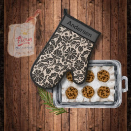 Moderne Monogram Black Beige Blume Pattern Küche Ofenhandschuh