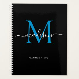Moderne Monogram Black Blue Girly Script Name 2021 Planer