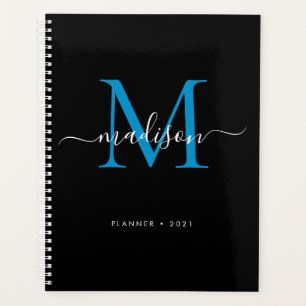 Moderne Monogram Black Blue Girly Script Name 2021 Planer