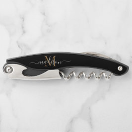 Moderne Monogram Black Gold Elegante Script Name Kellnermesser