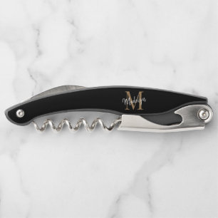 Moderne Monogram Black Gold Elegante Script Name Kellnermesser
