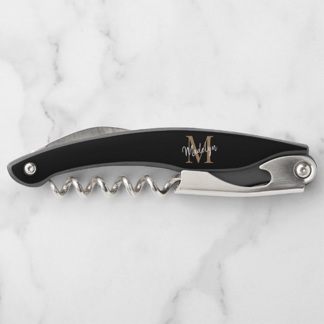 Moderne Monogram Black Gold Elegante Script Name Kellnermesser (Rückseite)