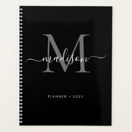 Moderne Monogram Black Gray Girly Script Name 2021 Planer