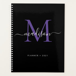 Moderne Monogram Black Lila Girly Script 2021 Planer