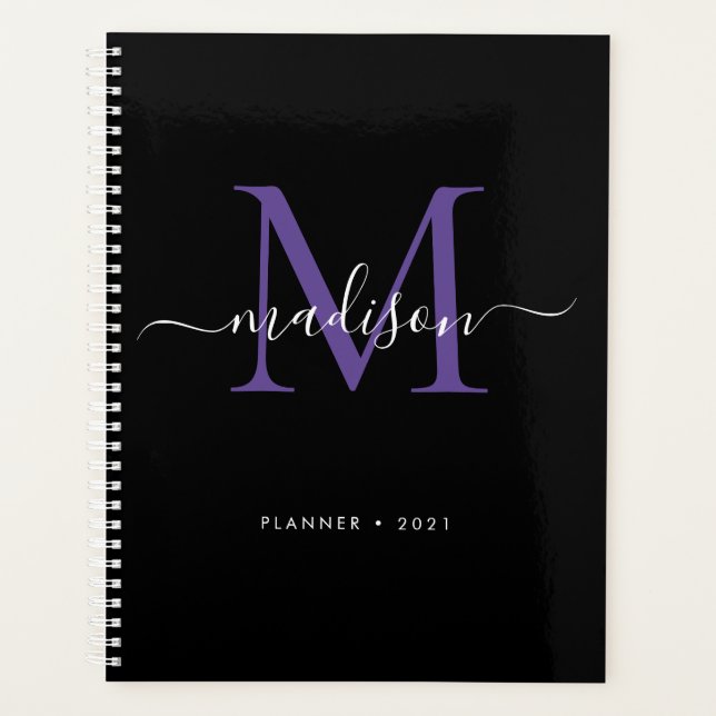 Moderne Monogram Black Lila Girly Script 2021 Planer (Vorderseite)