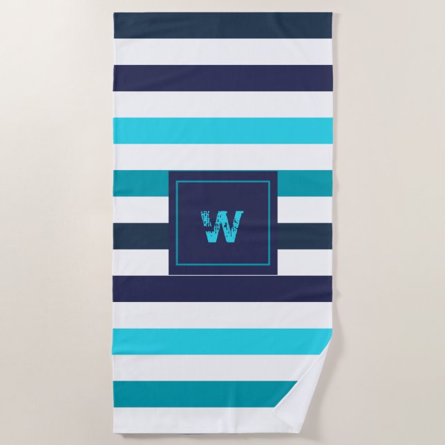 Moderne Monogram Blue Aquamarin Stripes Strandtuch (Vorderseite)