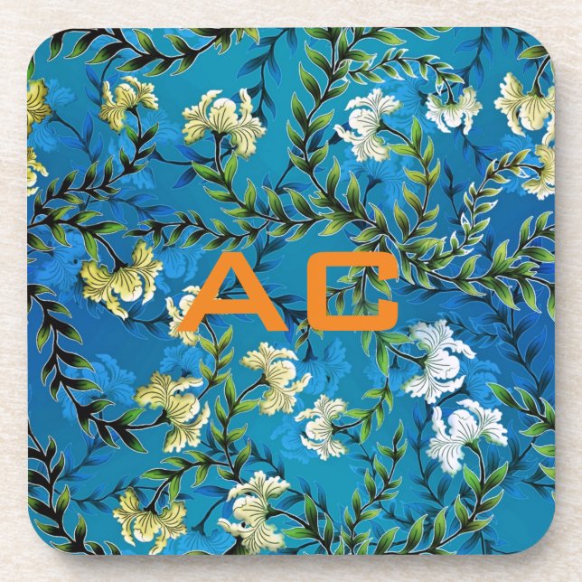 Moderne Monogram Blue Floral Chic Getränkeuntersetzer (Vorderseite)