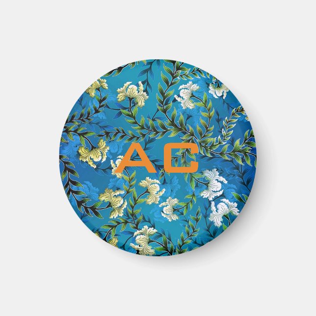 Moderne Monogram Blue Floral Chic Magnet (Vorne)