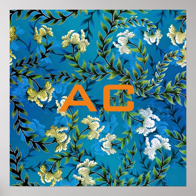 Moderne Monogram Blue Floral Chic Poster (Vorne)