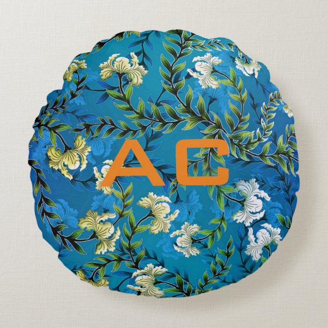Moderne Monogram Blue Floral Chic Rundes Kissen (Vorderseite)