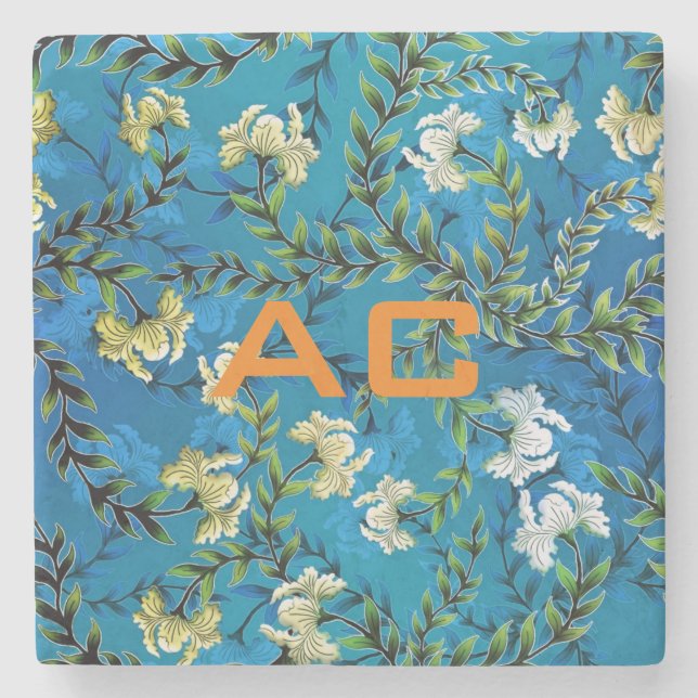 Moderne Monogram Blue Floral Chic Steinuntersetzer (Vorderseite)