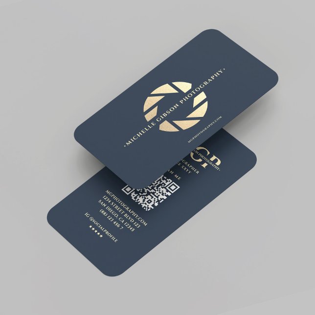 Moderne Monogram Blue Gold Camera Visitenkarte (Modern Photographer Monogram Dark Blue Gold Camera Business Card
)
