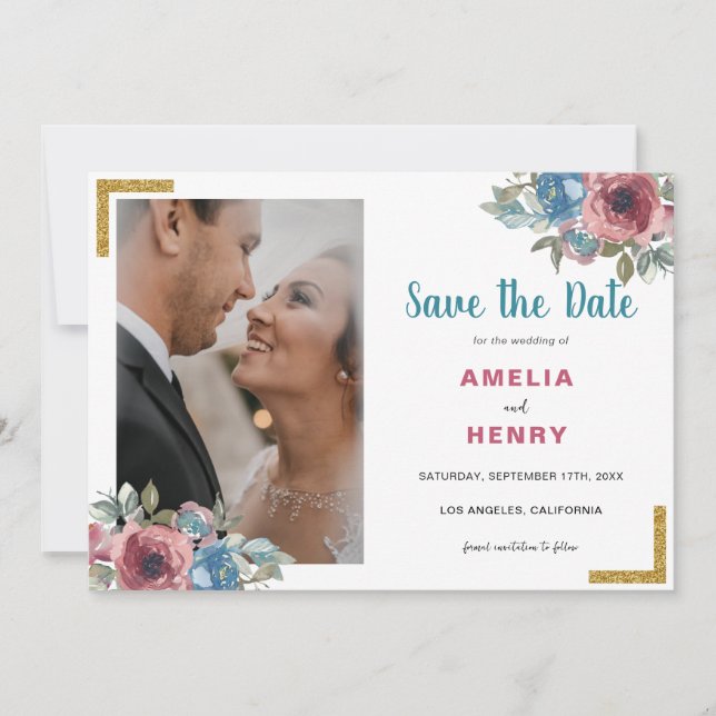 Moderne Monogram Blue & Pink Floral Foto Wedding Save The Date (Vorderseite)