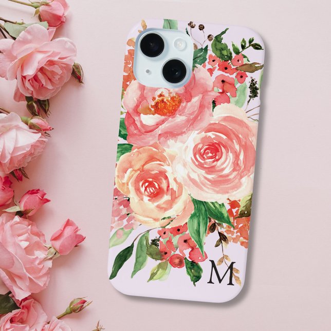 Moderne Monogram Blush Pink Floral Bouquet Case-Mate iPhone Hülle (In situ)