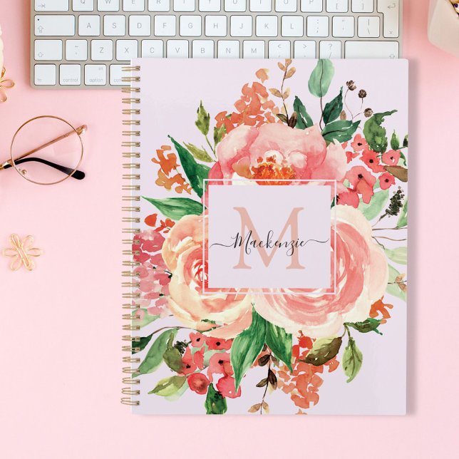Moderne Monogram Blush Pink Floral Bouquet Planer (In situ)