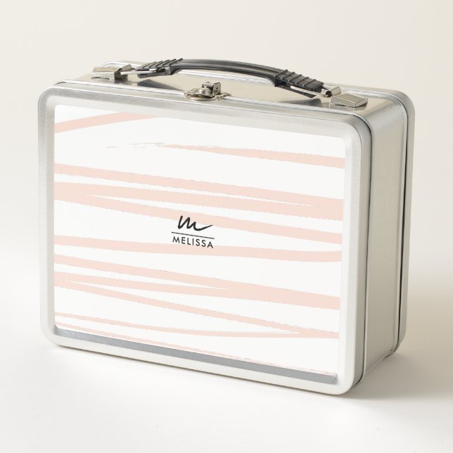 Moderne Monogram Blush Pink Lines Abstrakt Art Metall Brotdose (Vorderseite)