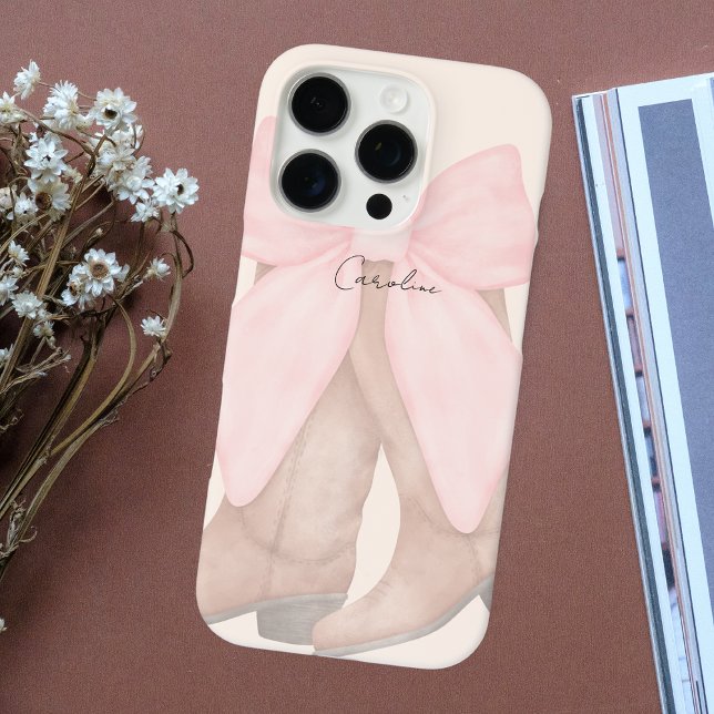 Moderne Monogram Chic Cowboy Boots Pink Bow iPhone 16 Pro Hülle (Von Creator hochgeladen)