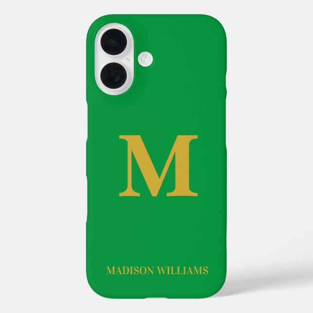 Moderne Monogram Chic Green Gold Stilvoll Minimali iPhone 16 Hülle (Rückseite)