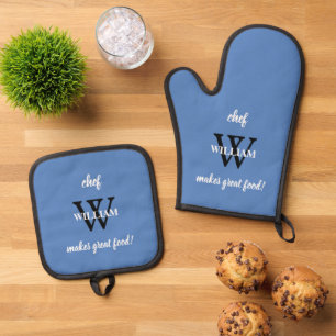 Moderne Monogram Chic Script Koch Name Rustic Blue Ofenhandschuh & Topflappen-Set