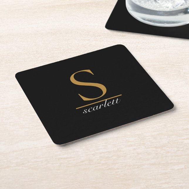 Moderne Monogram Classic Black Gold Script Name Rechteckiger Pappuntersetzer (Von Creator hochgeladen)