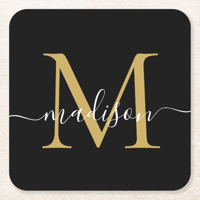 Moderne Monogram Classic Black Gold Script Name Rechteckiger Pappuntersetzer (Vorderseite)