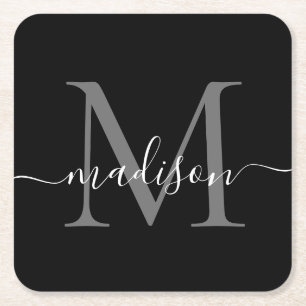 Moderne Monogram Classic Black Gray Script Name Rechteckiger Pappuntersetzer
